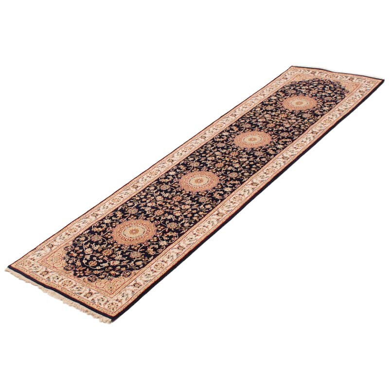 ECARPETGALLERY Hand-knotted Nain Dark Navy Silk, Wool Rug - 2'8 x 9'11