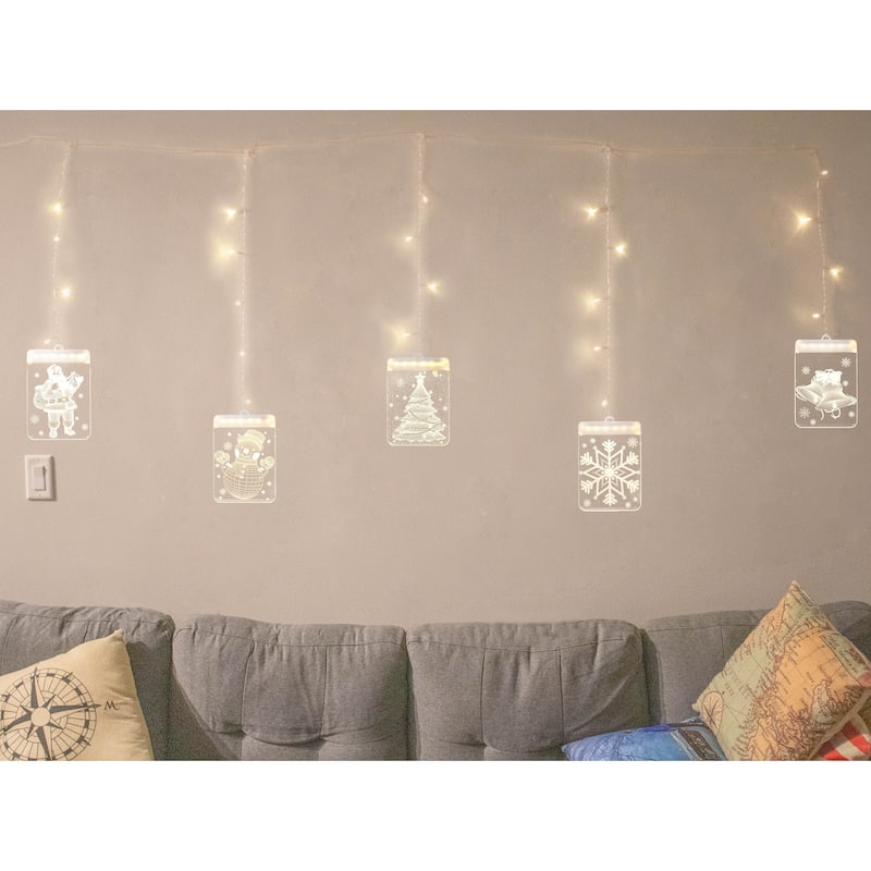 Christmas Window Lights - 3D Acrylic LED Hanging Decoration Curtain Light Santa, Snowflake, Snowman, Tree & Jingle Bells USB