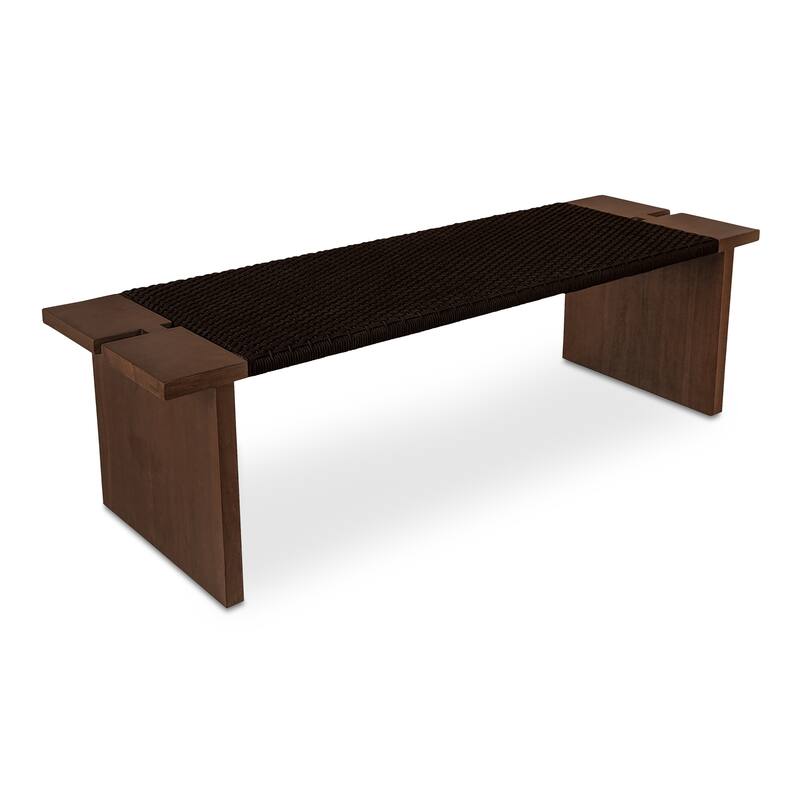 NADAAL STUDIOS Caelisse Outdoor Bench, Woven Synthetic Hyacinth Seat, Teak Wood Frame, Dark Brown