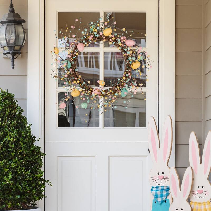 Glitzhome 22"D Artificial Easter Spring Eggs Berries Wreath for Front Door Wall Decor - Multi-color with Flower Buds