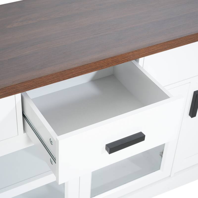 Modern White TV Console, 67" Width TV Stand, Glass Doors & Storage Drawers, Adjustable Shelves