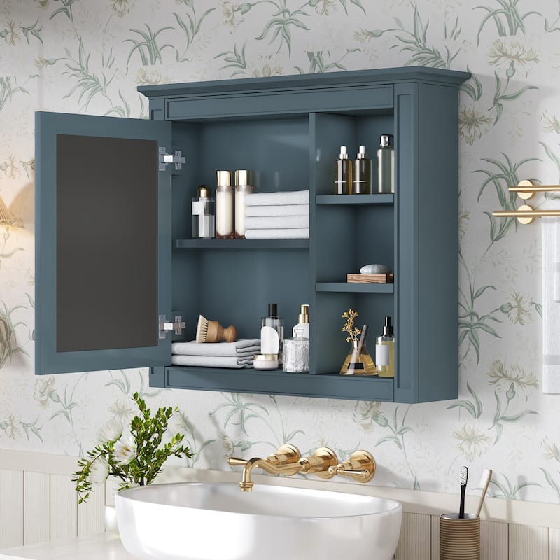 GDFStudio - Trellen Modern Wall-Mounted Bathroom Storage Cabinet with Mirror and 3 Open Shelves (No Bathroom Vanity) - 29.92"W