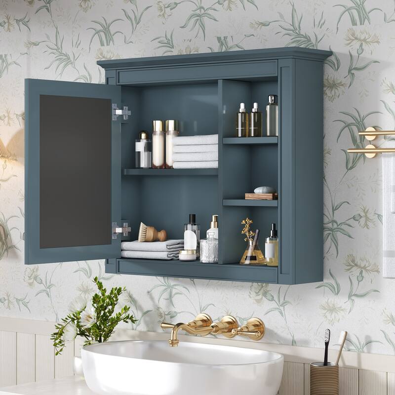 Roomfitters 30x28 Inch Medicine Cabinet, Wall Mounted Mirror Cabinet with 3 Open Shelves & Adjustable Interior Storage, Blue
