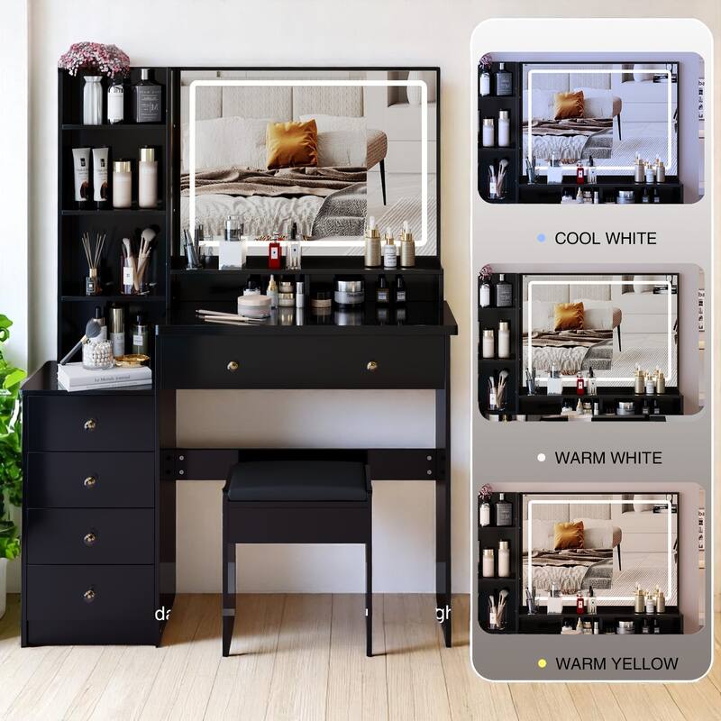 Makeup Vanity Desk with Extra Large Lighted Mirror, Left Drawer Cabinet, Adjustable LED Lighting, and Stool for Bedroom