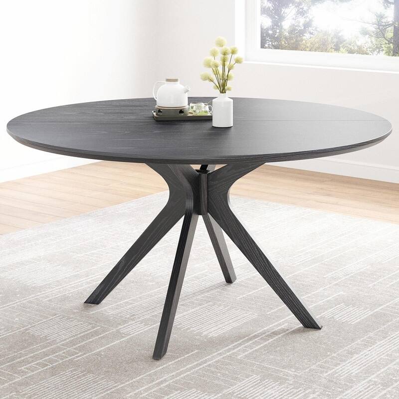 47.2" Solid Wood Round Dining Table - Kitchen Table for 4-6 with Intersecting Pedestal Base - Black