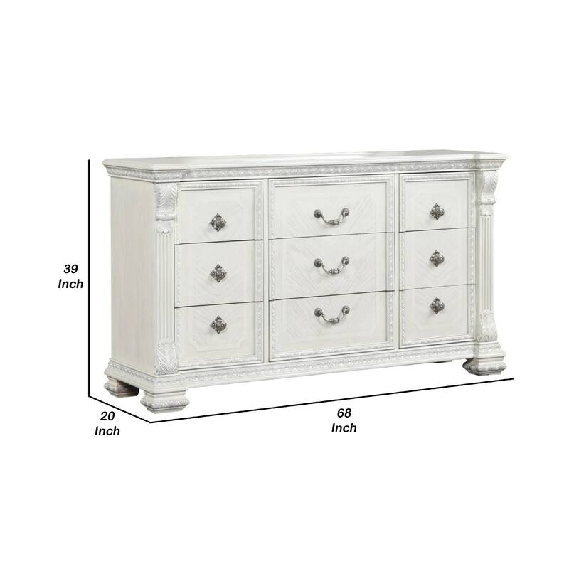 Naddy Wide Dresser, White Pine Wood, 9 Drawers w Metal Handles