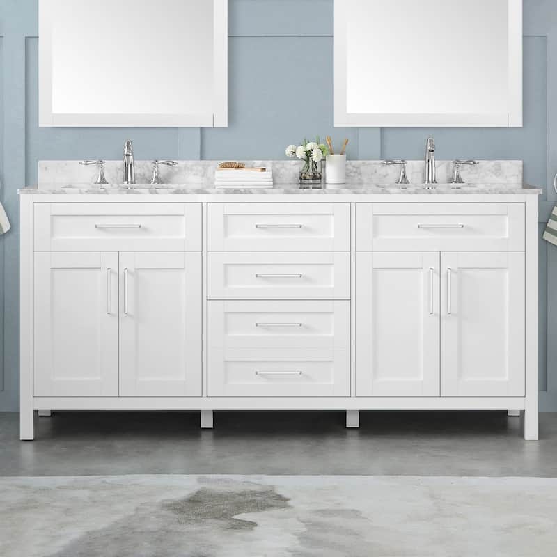 Tahoe 72 Vanity in White with White Carrera Marble Top and Mirror