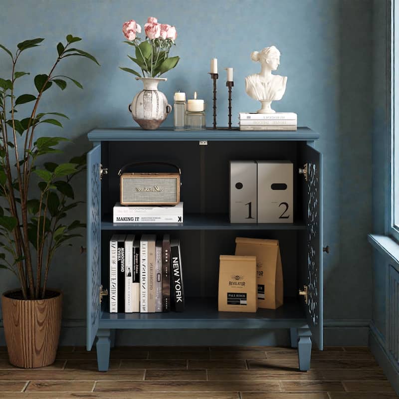 Vintage Hollow-Carved 2-Door Accent Cabinet with Floral Design, Adjustable Shelf and Solid Wood Legs, 31.5'' Sideboard