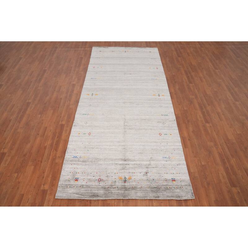 Hand Knotted Oriental Viscose Silk Carpet Tribal Animal Pictorial Greys & Charcoal Gabbeh Area Rug - 11' 8'' X 5' 0''