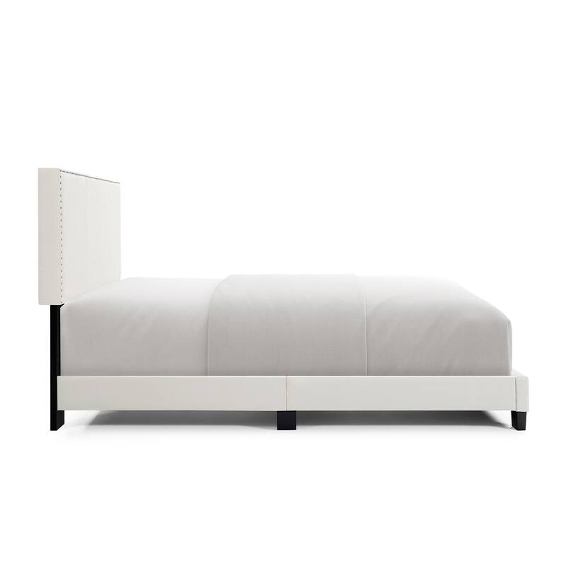 Full/Queen Size Platform Bed Frame, Bedroom Upholstered Bed with Nailhead Trim Headboard, No Box Spring Needed