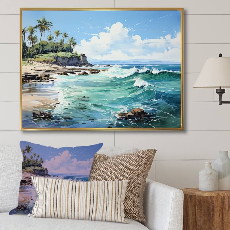 Designart "Turquoise Palm Tree Tropics Breeze" Palms & Palm Trees Framed Wall Decor - 20 in. wide x 12 in. high - Gold