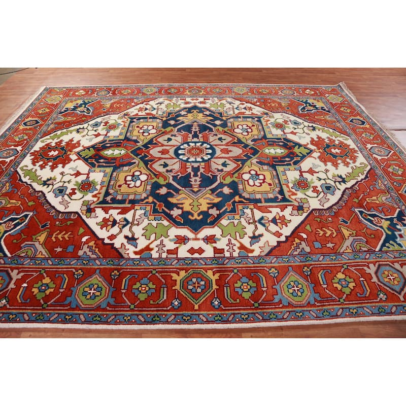 Ivory & Orange Medallion Heriz Serapi Indian Area Rug 9x12 - 9' x 12'
