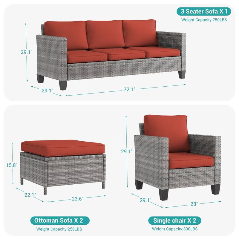 BONOSUKI 5-Piece Patio Sofa Sets Grey Rattan Outdoor Furniture Set