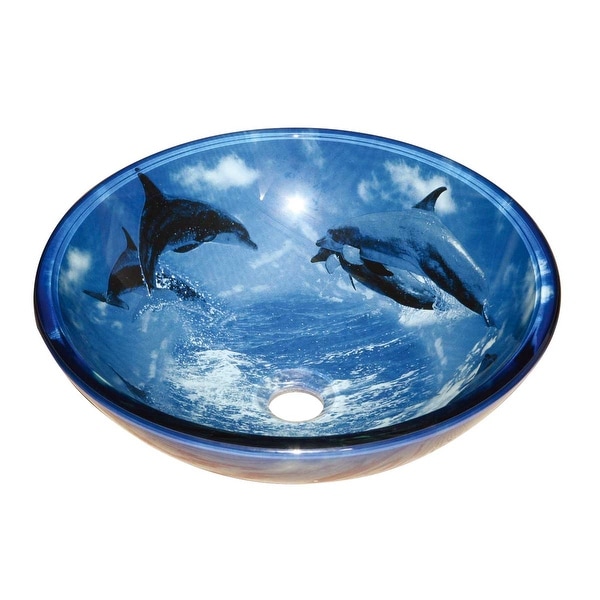 Tempered Glass Vessel Sink with Drain, Dolphin Design Blue Bowl Sink