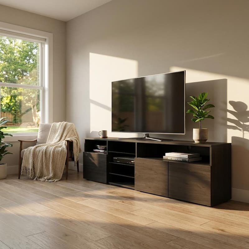 Meble Furniture Roma 79" Wide TV Stand for up to 90" TVs - High Gloss Finish with LED Lights Entertainment Center