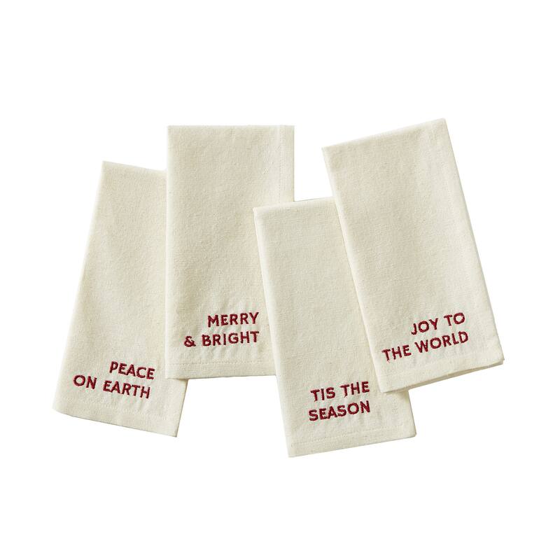 Joyful Sentiment Christmas/Holiday Embroidered Napkins, Set of 4 - 17x17