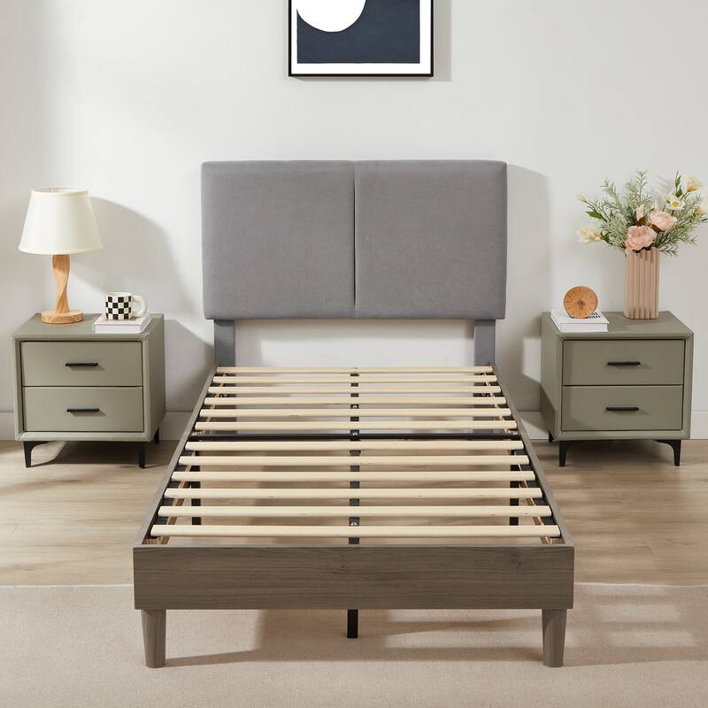 VECELO Upholstered Platform Bed Frame with Adjustable Headboard, Solid Wood Slats, No Box Spring Needed, Twin/Full/Queen Size