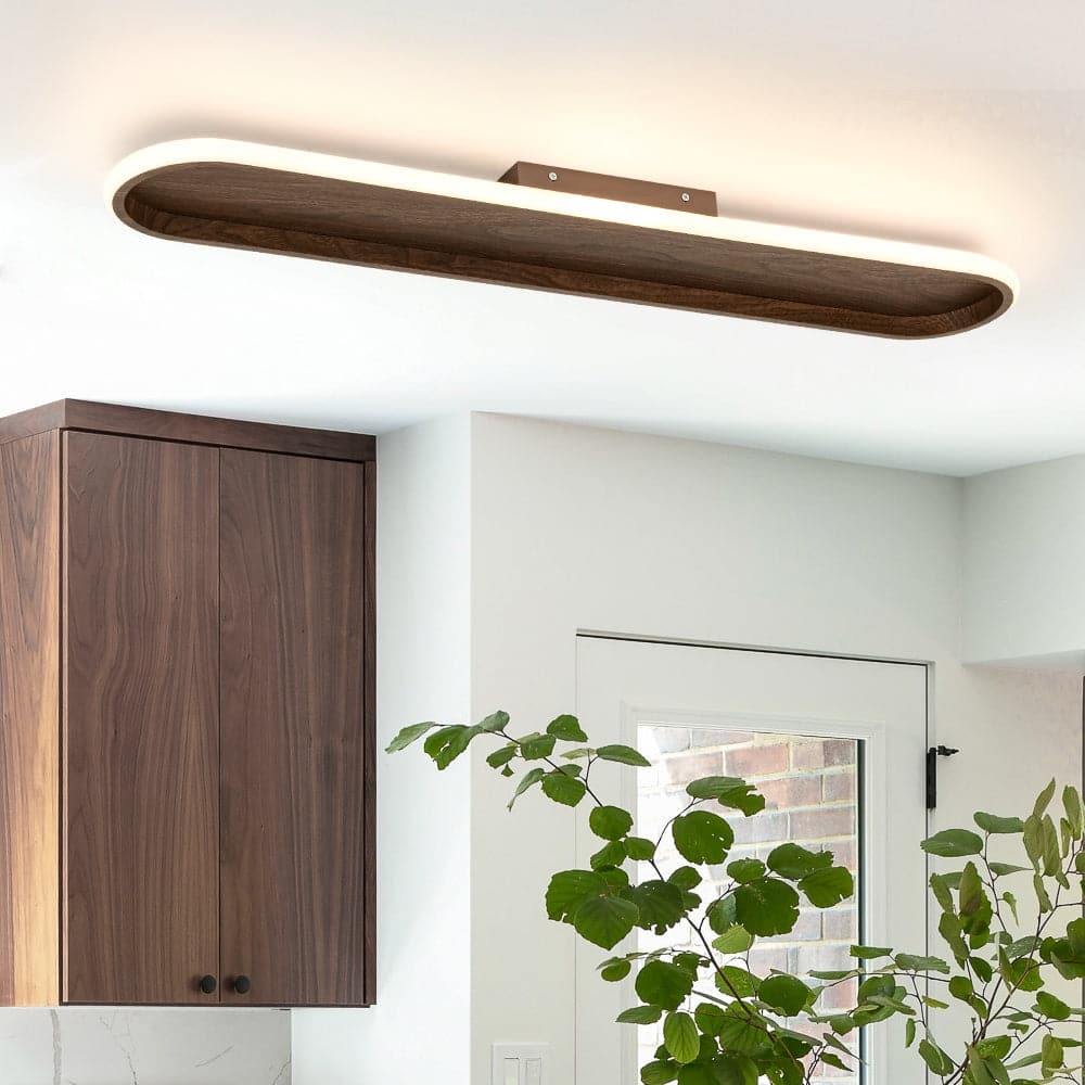 Minimalist Walnut Wood Linear Oval Dimmable LED Semi Flush Mount - 31.7 Inches