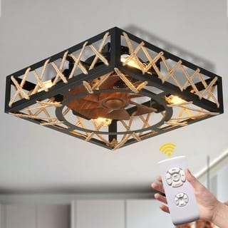 Cusp Barn 19in. Modern Farmhouse Black Caged Flush Mount Ceiling Fan with Remote, Industrial 6-speed Low Profile Ceiling Fan