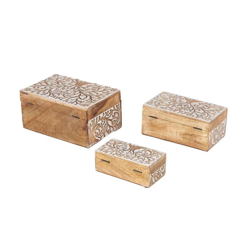 Mango Wood Floral Handmade Decorative Box with Hinged Lid - Set of 3 Brown or White - Roche River Decor