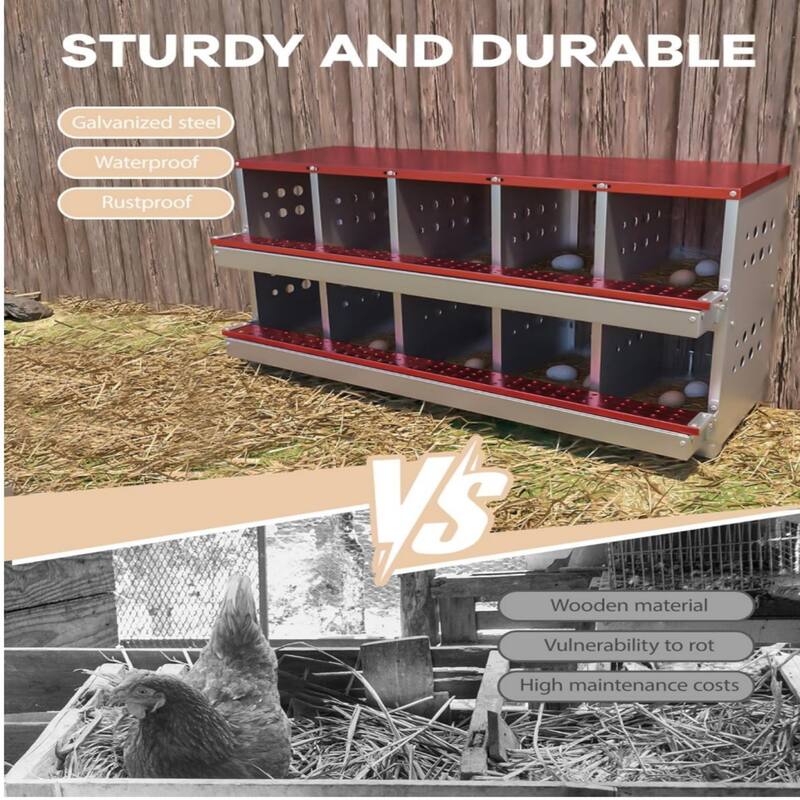 10-Compartment Chicken Nest Box with Egg Collection Tray and 10 Fake Training Eggs Red