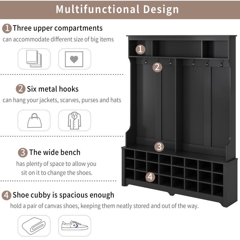 60" Wide Black Hall Tree with 24 Shoe Cubbies, Metal Black Hooks
