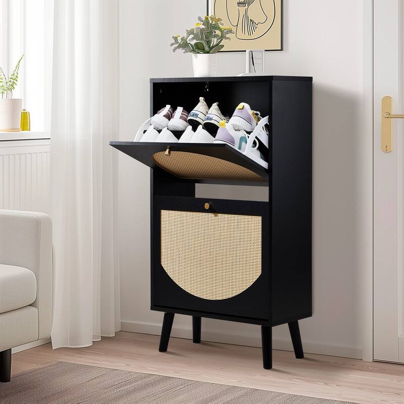 Rattan Shoe Cabinet with 2 / 4 Flip Drawers, Narrow Shoe Storage Cabinet,Organizer for Entryway, Bedroom, Living Room