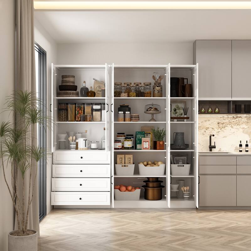 Elegant White Pantry Bookshelf Multifunctional Tempered Glass Cabinet