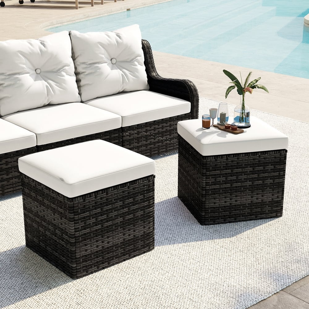 2 Set Outdoor 17.7" W Square Rattan Ottoman Patio Ottoman with Cushion