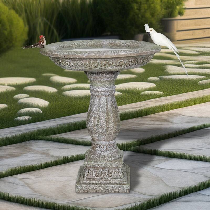 SunJet 23.8" H Concrete Bird Bath with Carved Pedestal - 23.8'' H X 20'' W X 20'' D