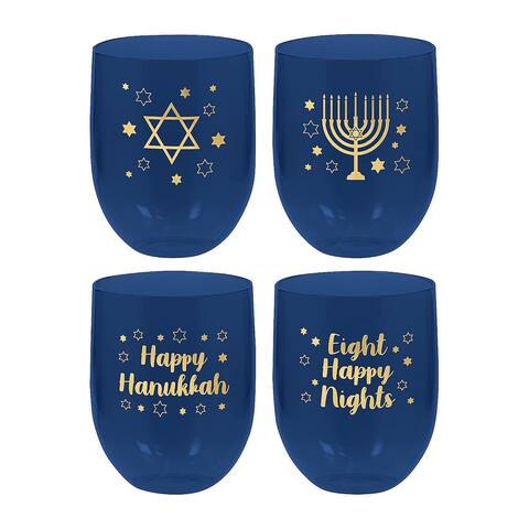 Hanukkah Stemless Plastic Wine Glasses, Hanukkah, Party Supplies, 4 Pieces