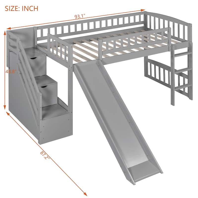 All-in-one Loft Bed Built-in Ladder Wood Frame Loft Bed with Slide, 2 Drawers, Storage Stairs & Underbed Activity Space for Kids