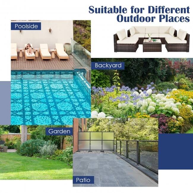 6 Pieces Patio Rattan Furniture Set with Cushions and Glass Coffee Table