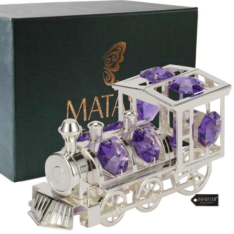 Matashi Silver Plated Highly Polished Train Ornament with Genuine Lavender Matashi Crystals