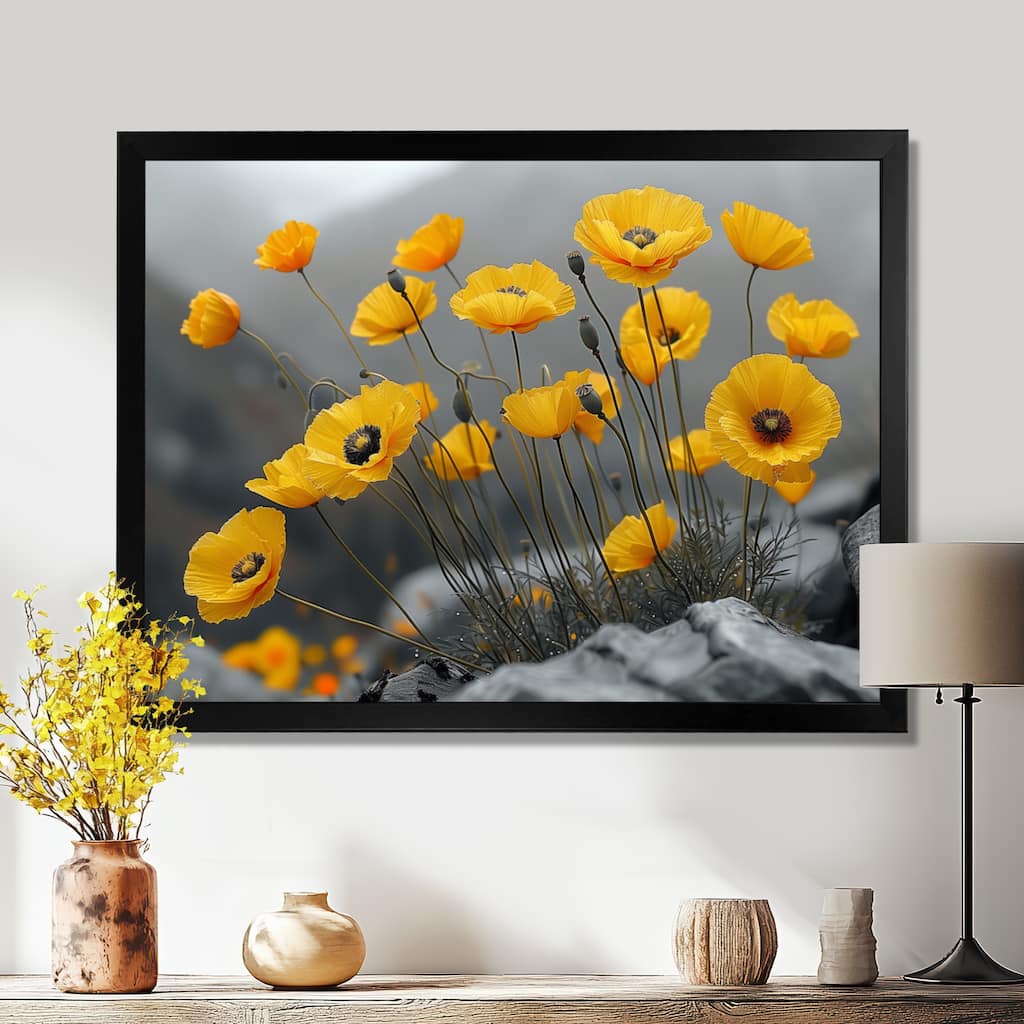 Designart "Yellow Grey Poppies Mountain Scenery" Poppies Framed Wall Art - Traditional Wall Decor White Wall Art Print