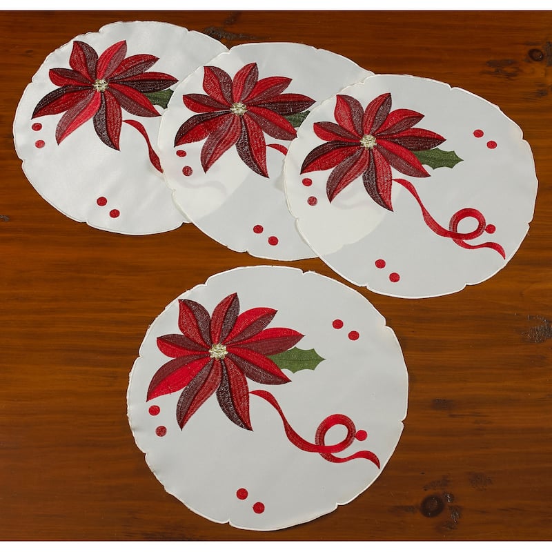 Violet Linen Seasonal Bloomy Christmas Embroidered Poinsettias, Set of 4, Decorative Place Mats - 16" Round - Ivory