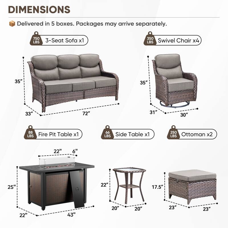 Pocassy Patio Sofa Swivel Chairs Ottoman w/ 43in Fire Table Set