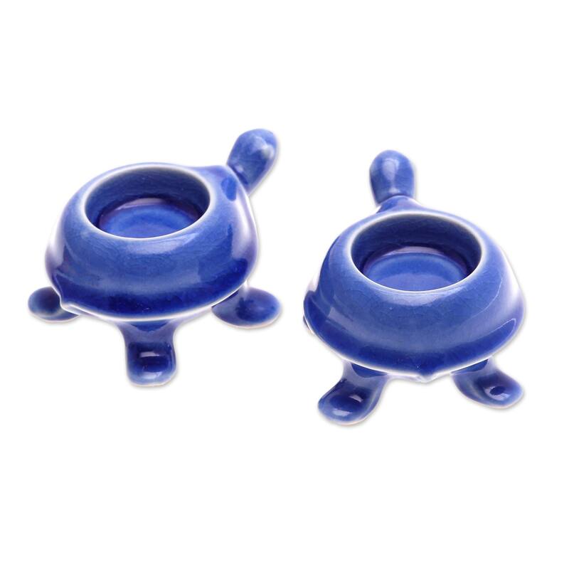 Novica Handmade Blue Guide Ceramic Tealight Candleholders (Pair)