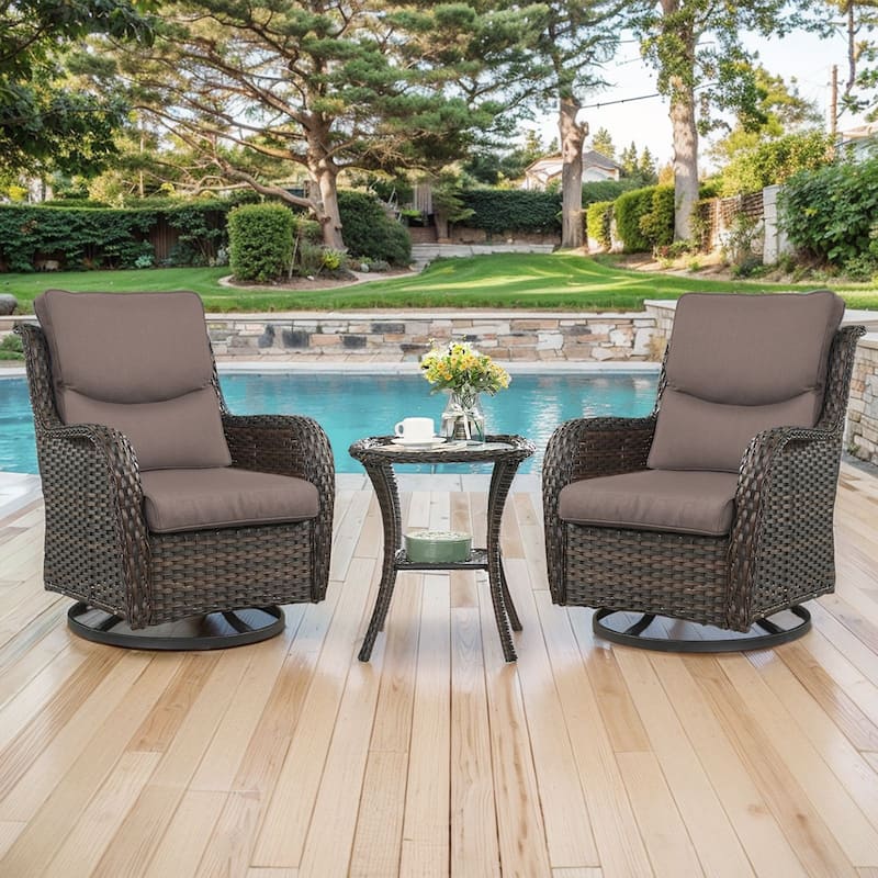 Outdoor Gliders Swivel Chairs Patio Chairs with 5-Inch Thick Cushions - Brown Rattan - Grey Cushion - 3PCS Swivel Chairs with Table