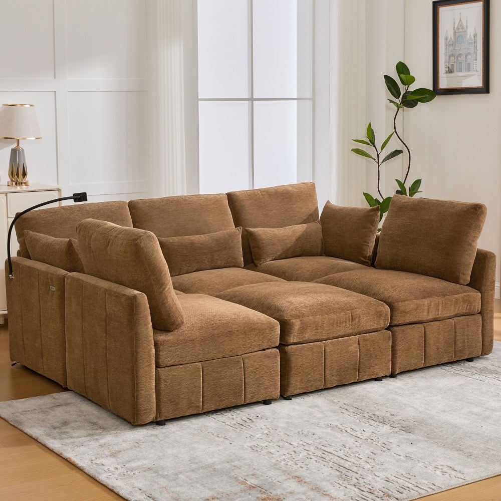 85.4" Modern U-shaped Modular Sectional Sofa with Movable Ottoman and Two USB Ports, Phone Holder