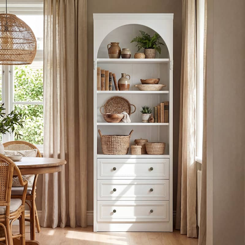 Modular White Bookcase with LED Lights & Glass Doors, 86.6" Tall Arched Display Cabinet Solid WoodStorage Cabinet