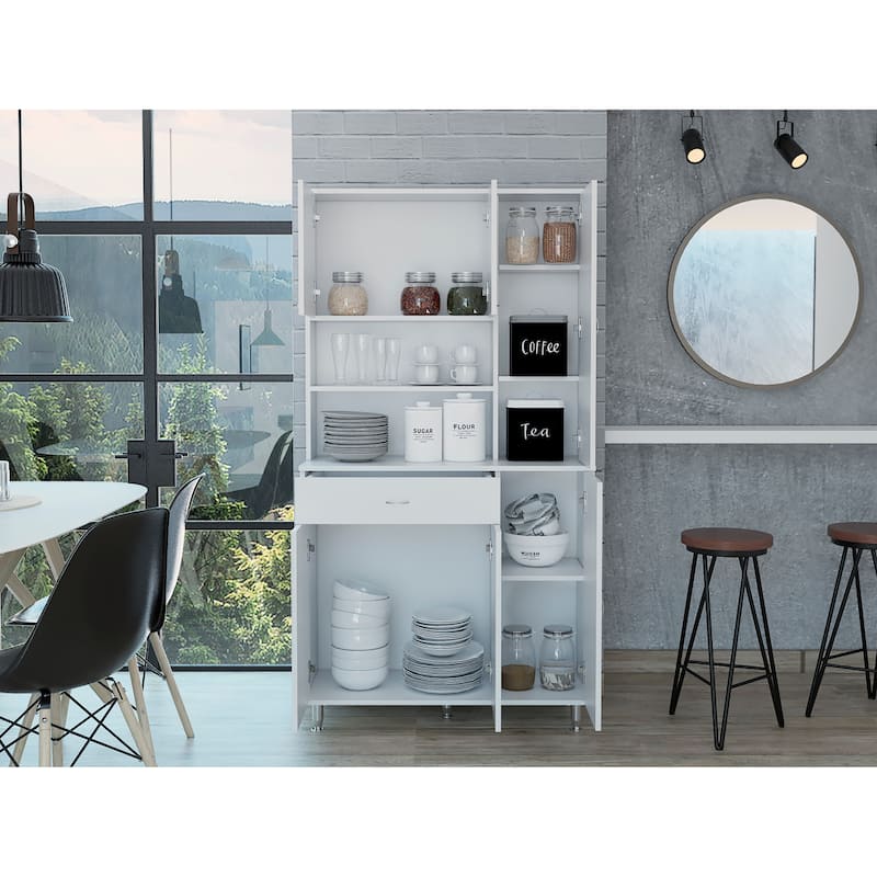 Kitchen Pantry Cabinet, Two Open Shelves, One Drawer, Multiple Cabinets - White