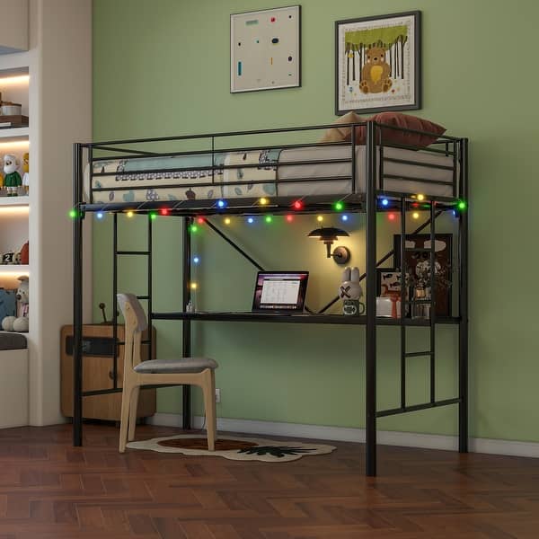 slide 2 of 14, Twin Size Metal Loft Bed with Desk and LED Black