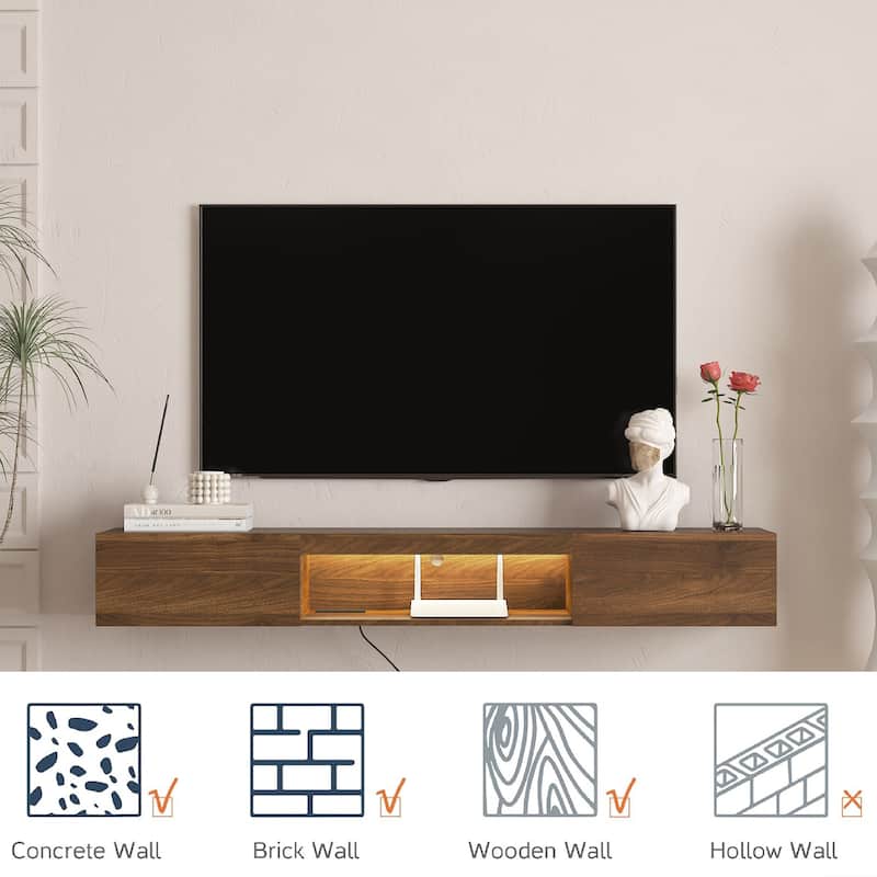 63" Modern Floating TV Stand Wall Mounted with 16 Color LEDs, Floating TV Cabinet Entertainment Center for 55 60 65 Inch TV