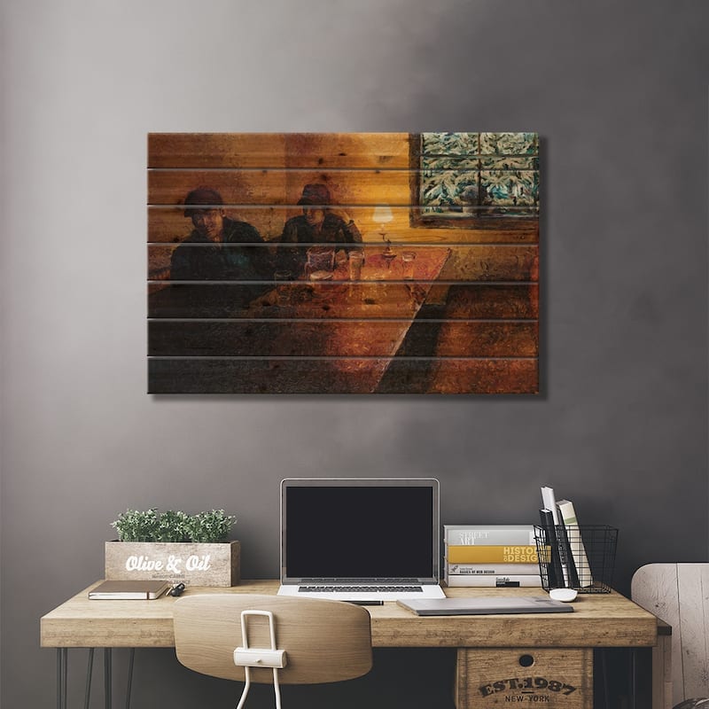 The Snorting Elk Pub Print On Wood by Iris Scott - Multi-Color