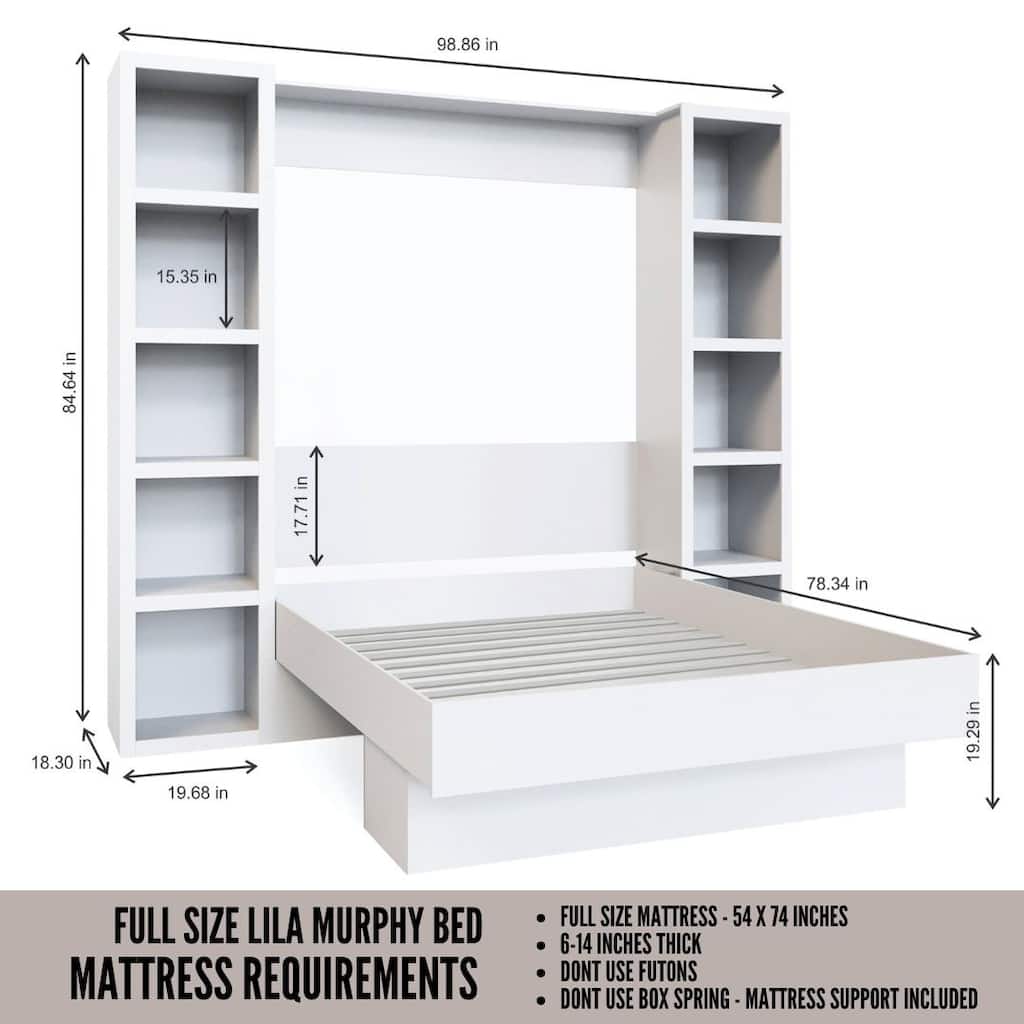 Easy-Lift Full Murphy Wall Bed with Two Bookshelves