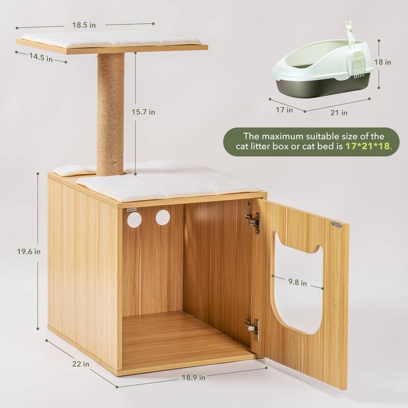 3-IN-1 Cat Litter Box Enclosure, Wooden Cat House with Cat Bed Hidden Cat Washroom Furniture with Scratching Post
