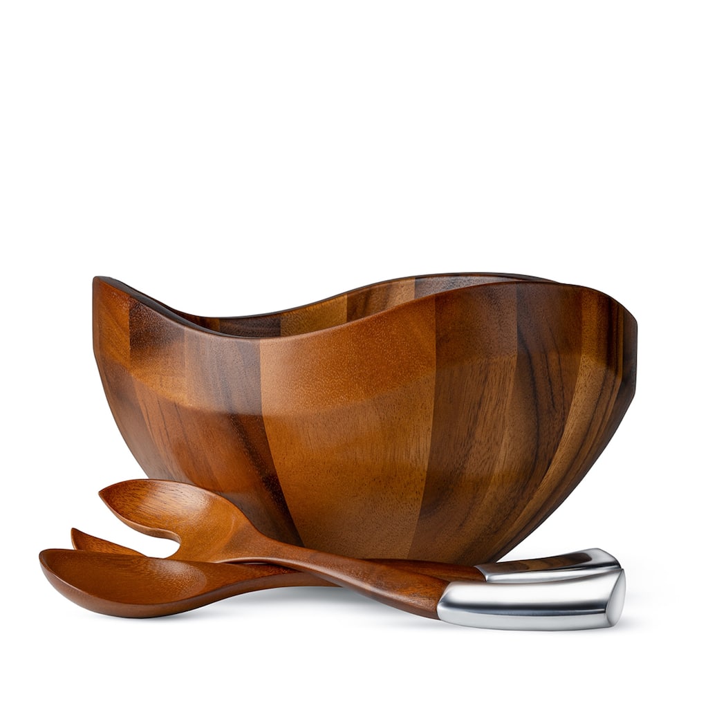 Nambe Billow Salad Bowl W/Servers - 12" x 6.5" Bowl & 12" x 3" servers