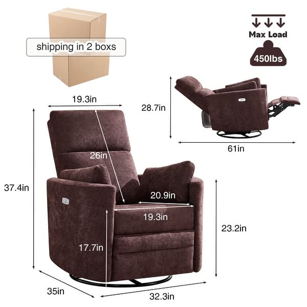 dimension image slide 2 of 8, HOMYKA Power Rocker Swivel Recliner with USB and Type-C Ports
