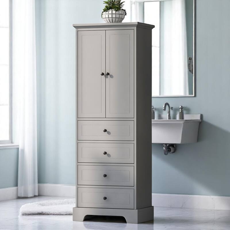 Freestanding White Bathroom Cabinet with 4 Drawers and 2 Doors, Adjustable Shelf, Waterproof MDF Storage Unit - Grey